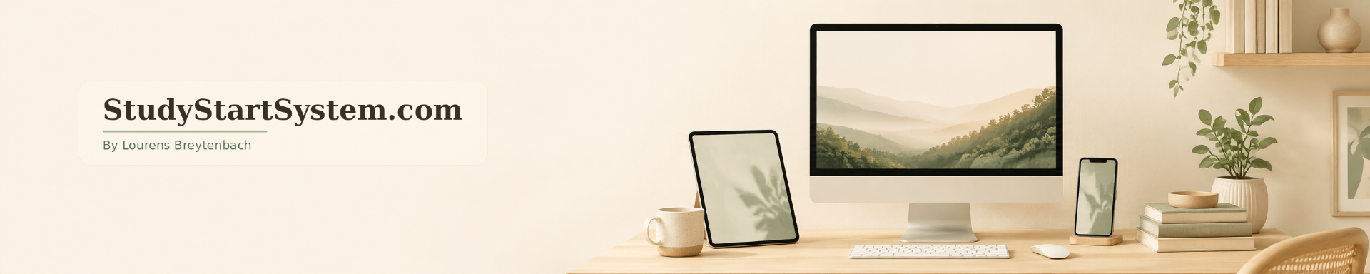 StudyStartSystem.com — by Lourens Breytenbach. A calm, sunlit desk with iMac, tablet, and phone showing misty mountains.